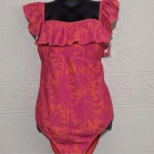 Tropical Pink and Orange Ruffle One-Piece Swimsuit